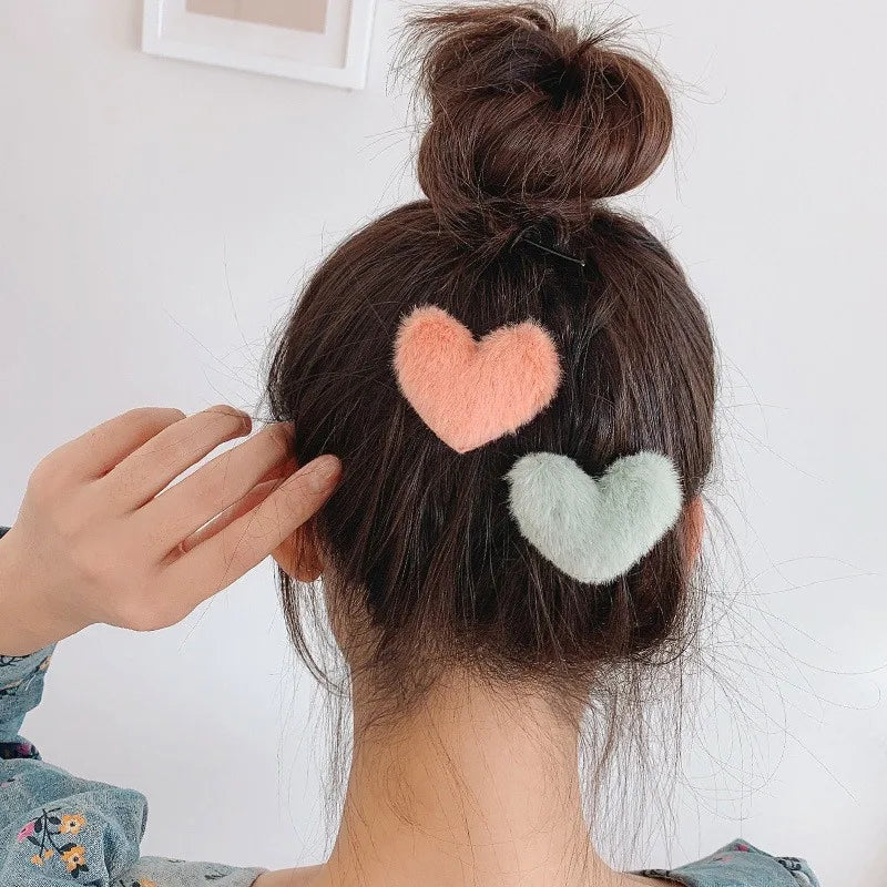 20Pcs/Lot Autumn Winter Women Hair Accessories Candy Color Plush Love Heart Shaped Bangs Hairpins Cute Hair Clip Girls Headdress