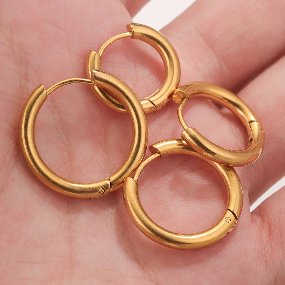 6pcs Stainless Steel 3mm 4mm Hoop Earrings | PVD Gold Plated Korean Round Earrings for close-up view