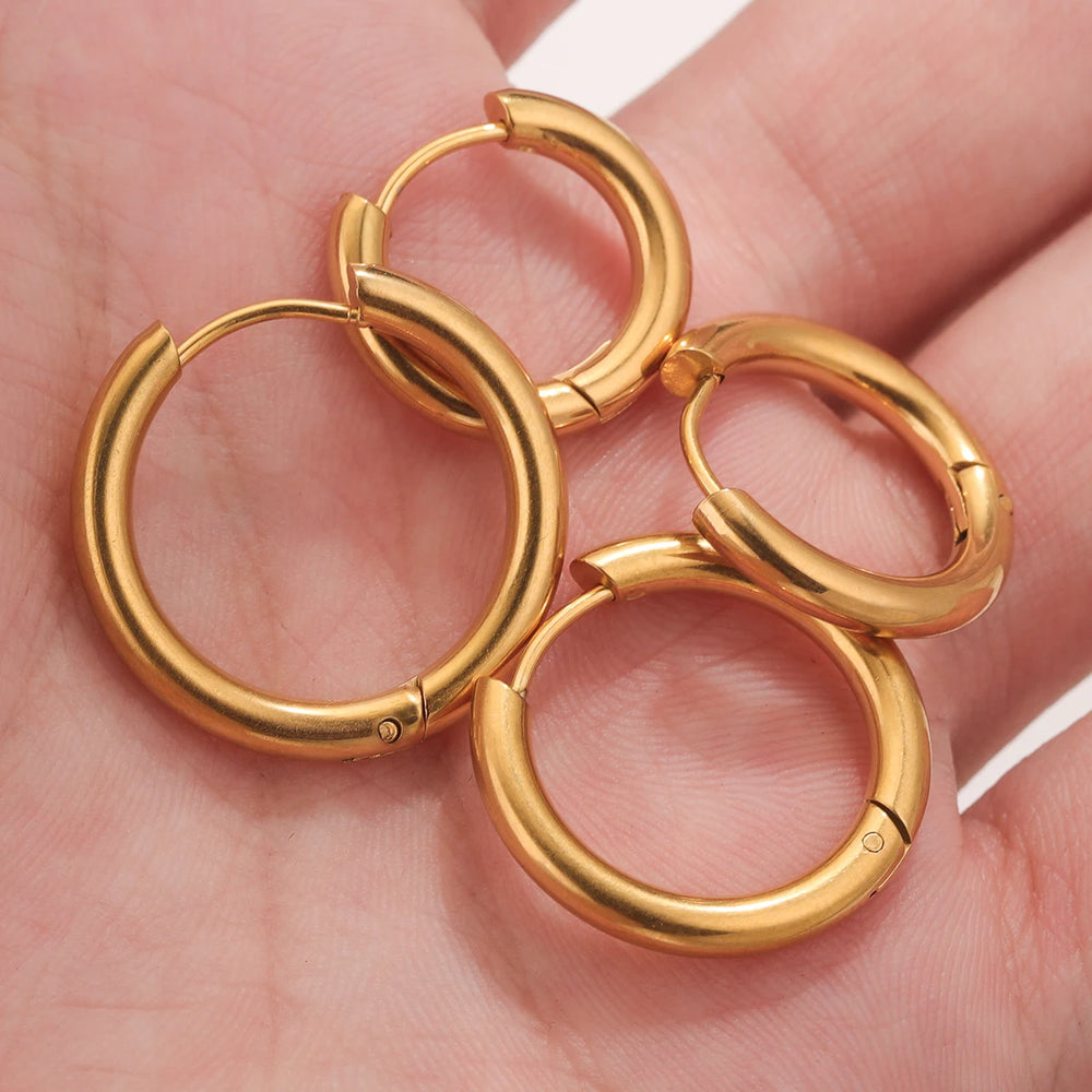 6pcs Stainless Steel 3mm 4mm Hoop Earrings | PVD Gold Plated Korean Round Earrings for close-up view