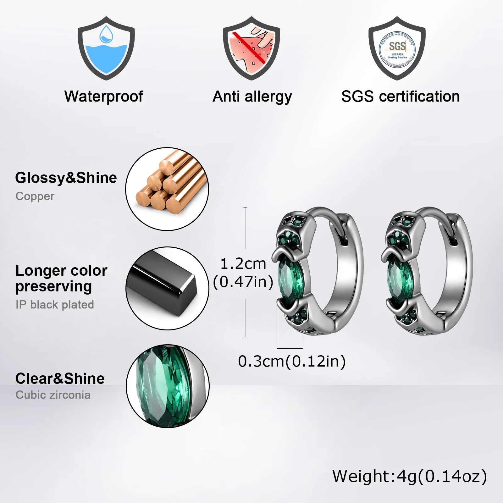 Stylish Green Zircon Minimal Hoop Earrings for Men, Vintage Small Huggie Earrings, additional angle