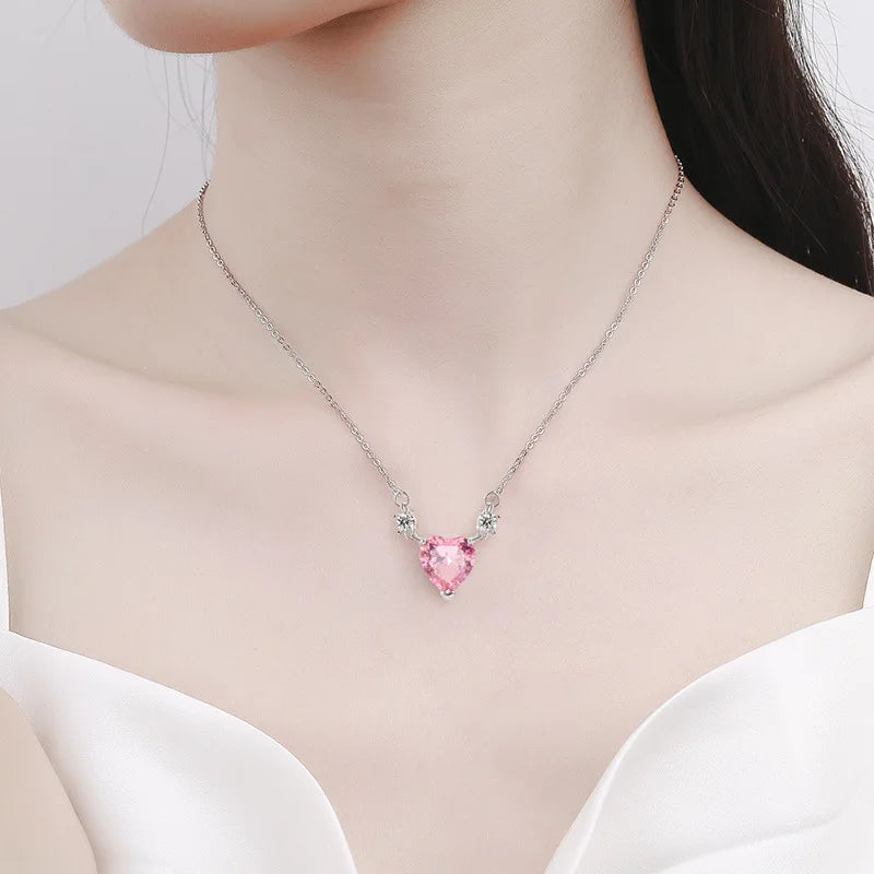 Light Luxury 925 Sterling Silver Pink Diamond Love Zircon Pendant Niche Exquisite Ladi close-up view