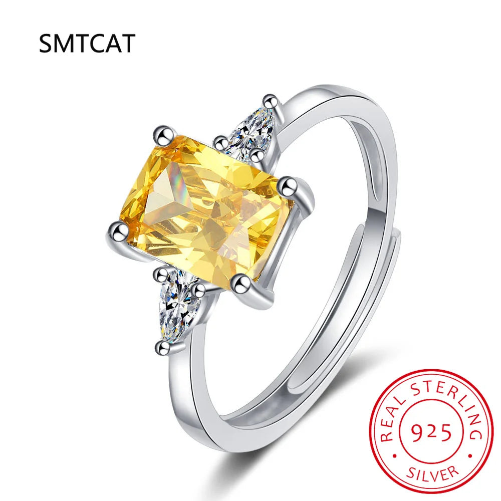 Emerald Cut Natural Yellow Citrine 925 Sterling Silver 3 Stone Ring for Women Rectangle Gemstone Jew