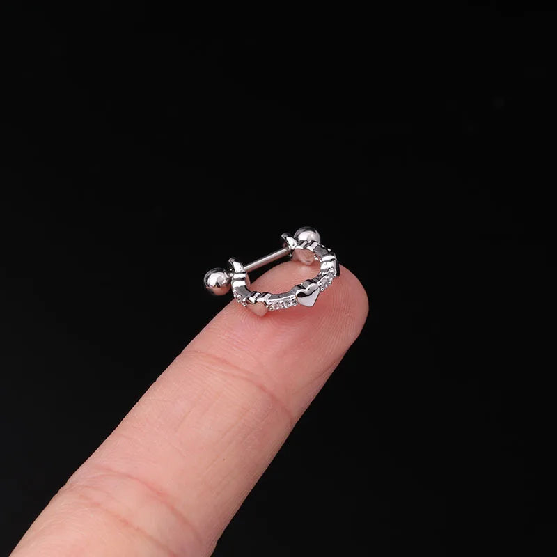 New Hollow Heart Ear Bone Nail for Women Girls Stainless Steel Silver Color Zircon Pie close-up view