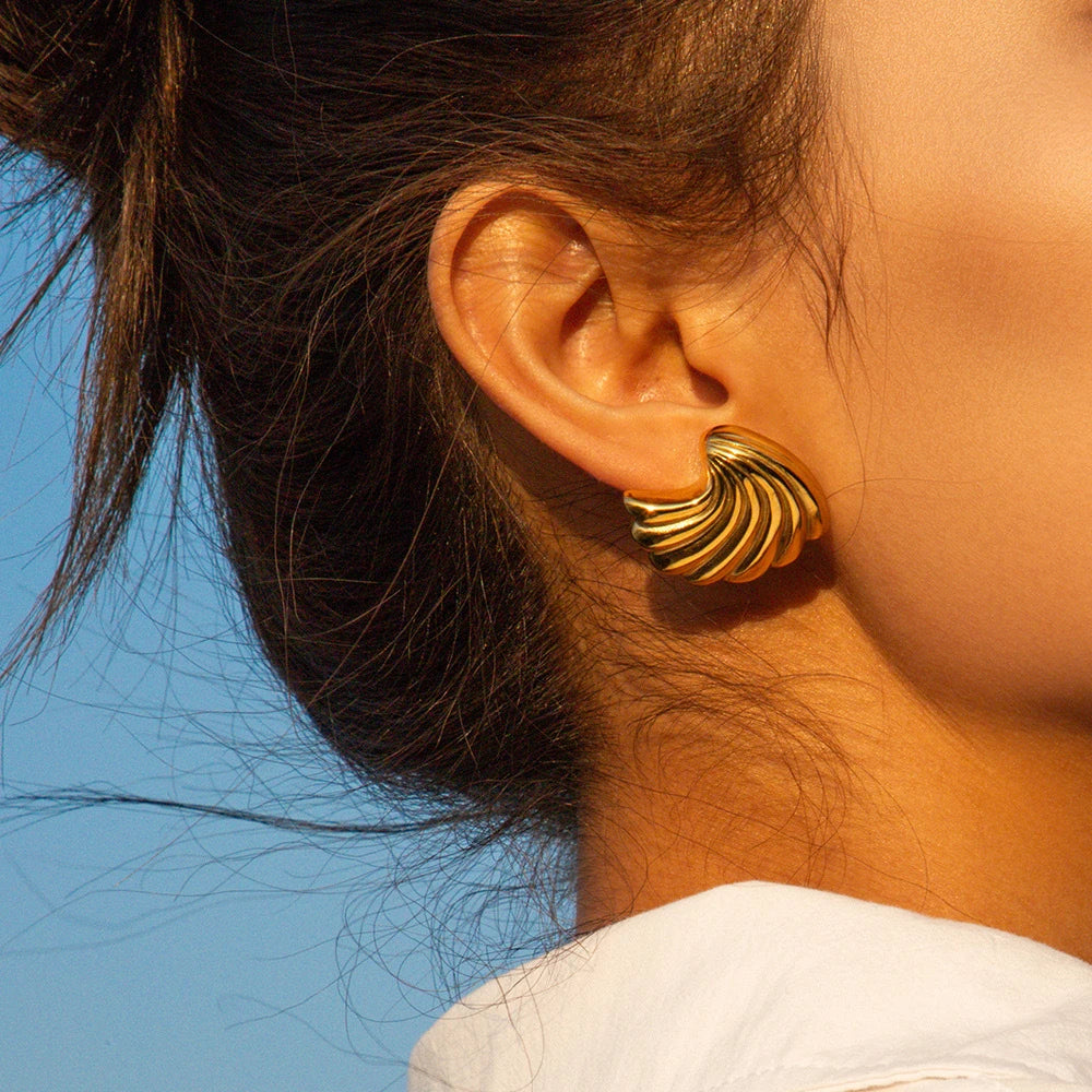Vintage Gold Snail Shell Drop Earrings | CZ Zircon Beach Jewelry for Women close-up view