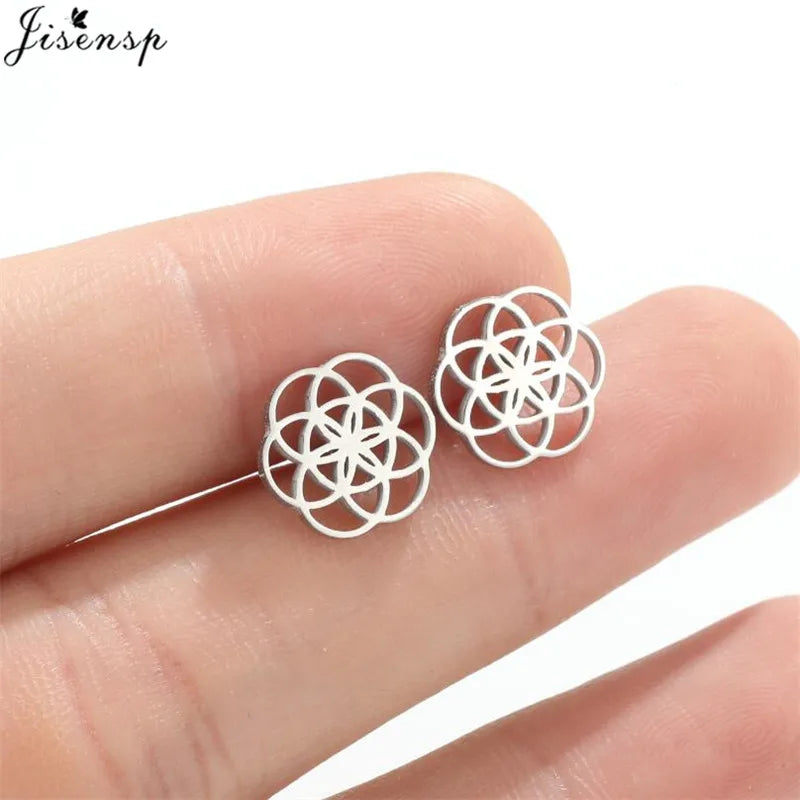 Multiple Stainless Steel Flower Stud Earrings Women Korean Daisy Mandala Rose Lotus E alternate view