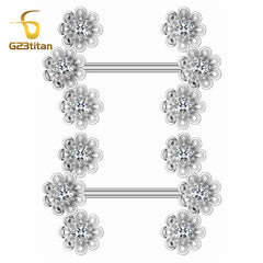 G23Titan 2pcs Zircon Flower Shape Nipple Rings 12-22mm Length 14G G23 Titanium Staight Barbell Women