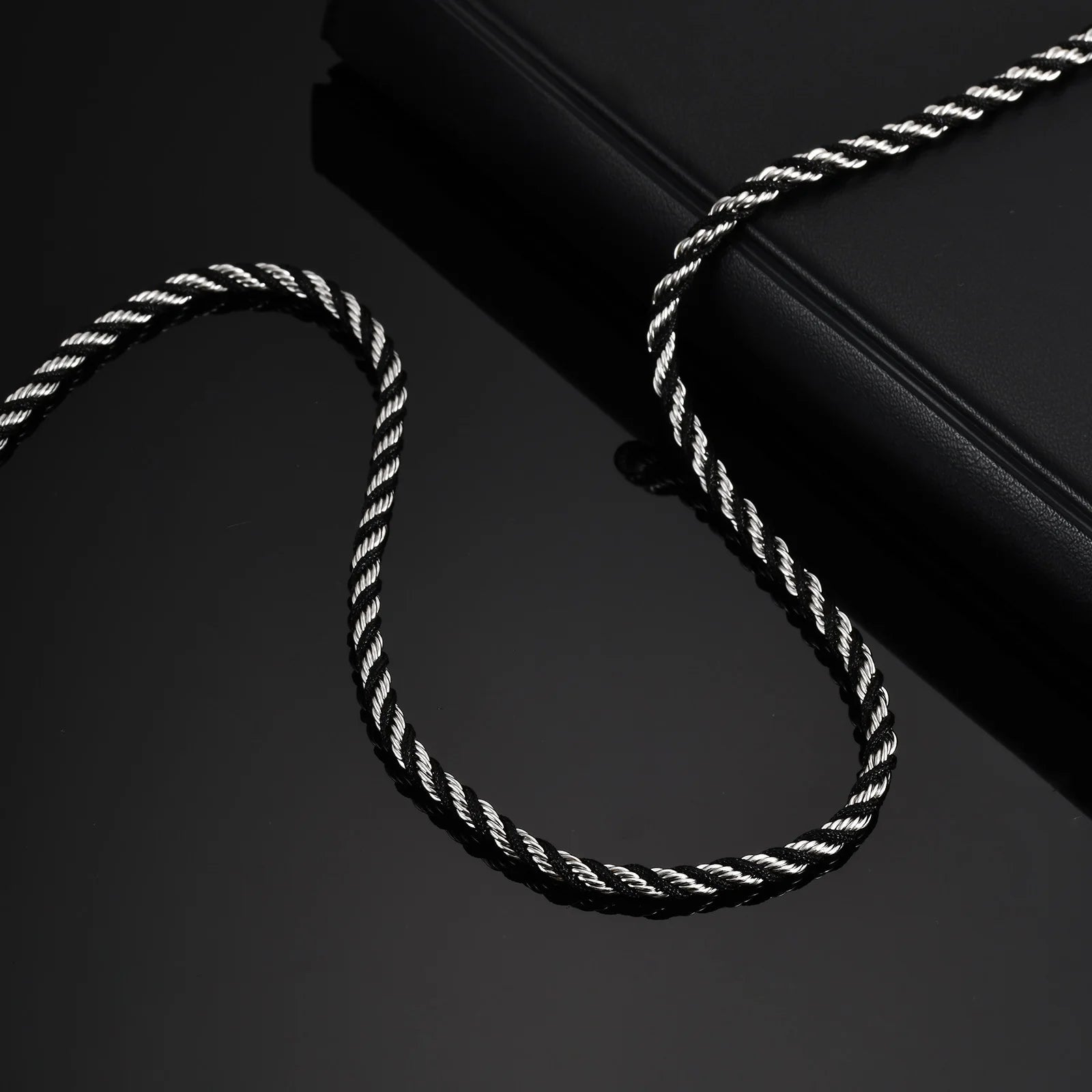 Men's Twisted Chain Necklace | Black Silver Stainless Steel Rope Link lifestyle view