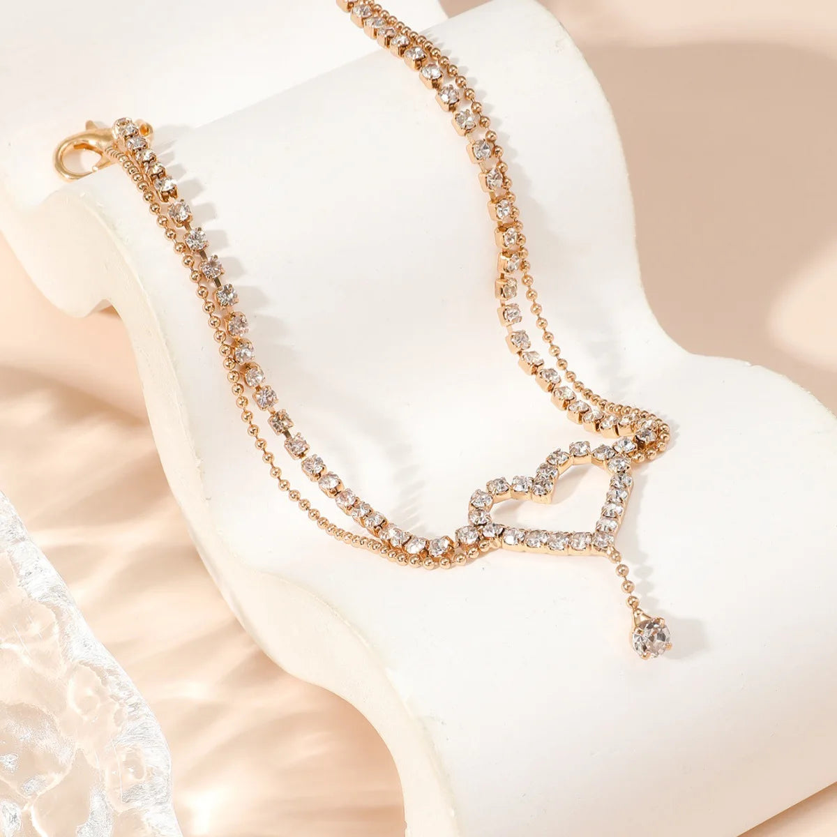 Shiny Bling Heart Drop Tassel Charm Double Layer Anklet Women Beach Foot Chain Vacati lifestyle view