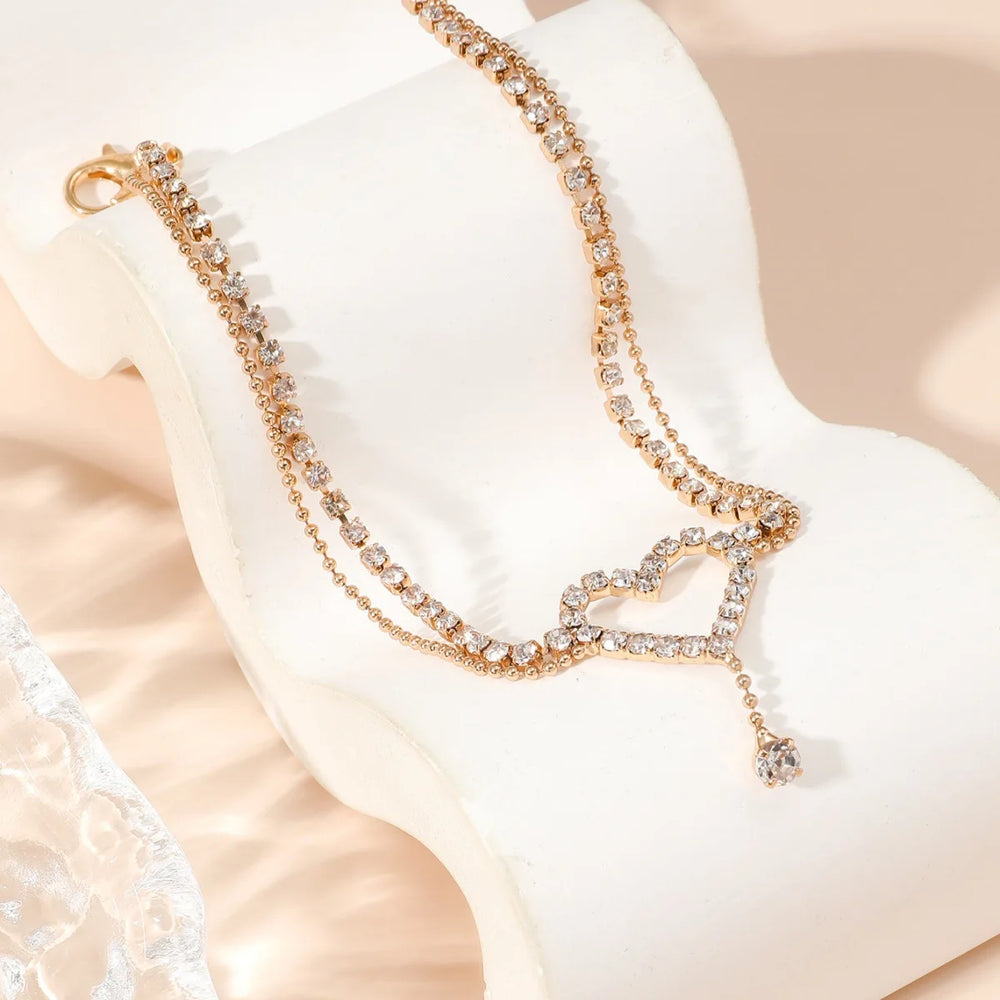Shiny Bling Heart Drop Tassel Charm Double Layer Anklet Women Beach Foot Chain Vacati lifestyle view