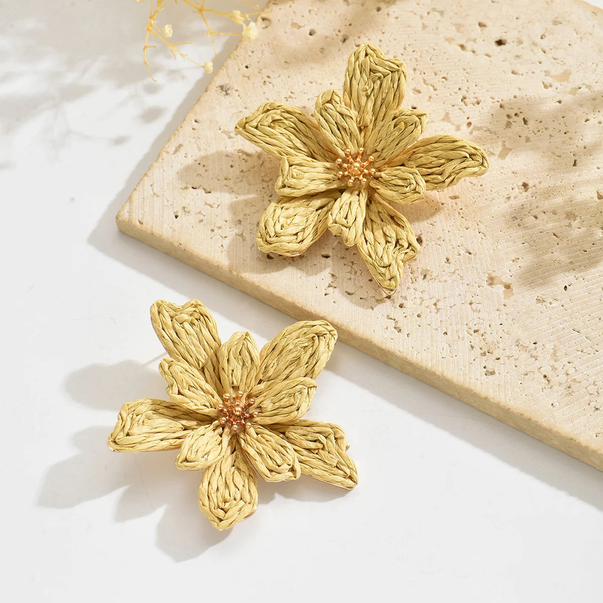 Boho Handmade Raffia Flower Earrings | Unique Summer Floral Drop Earrings for Women close-up view