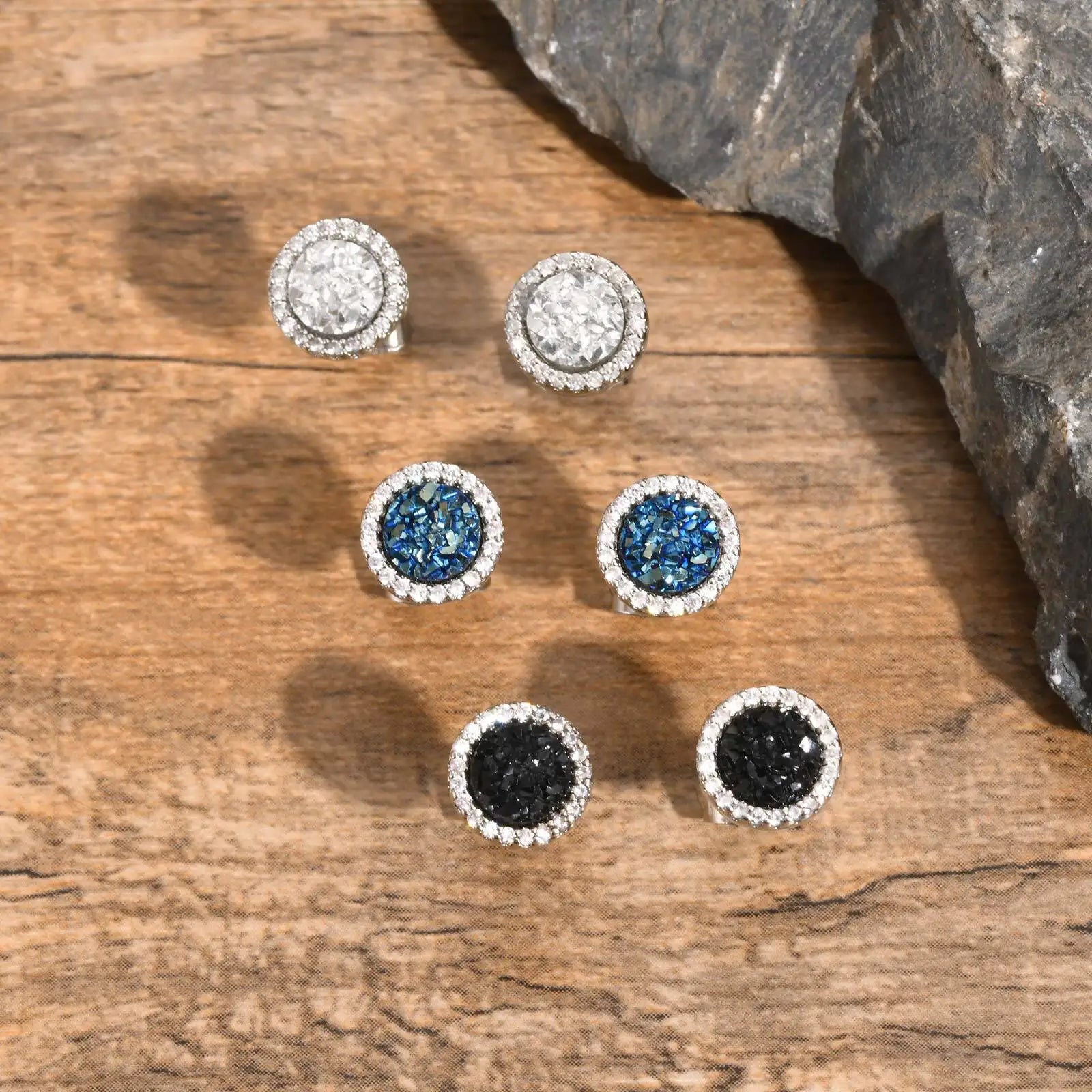 Vnox Black Crystal Round Circle Earrings for Men, Full Blue CZ Stone Ring Stud Earr additional angle
