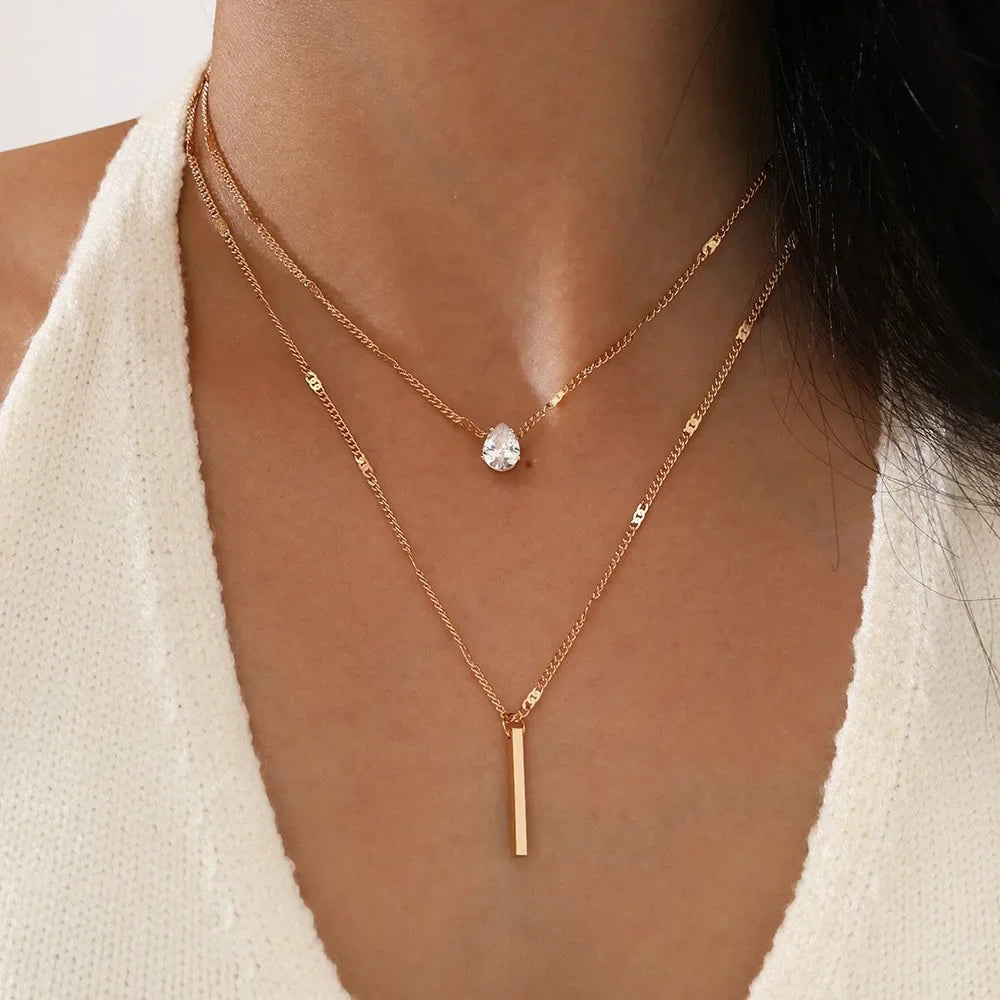 Trendy Zircon Pendant Necklace For Women Multilayer Chain Choker Fashion Female Party Shiny Jewelry Gift