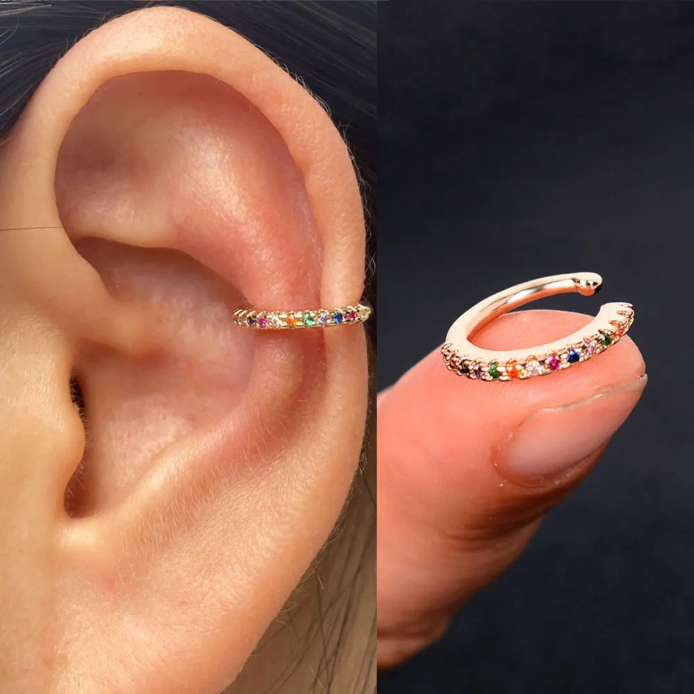 Geometric Rainbow CZ Cuff Clip On Earrings for Women