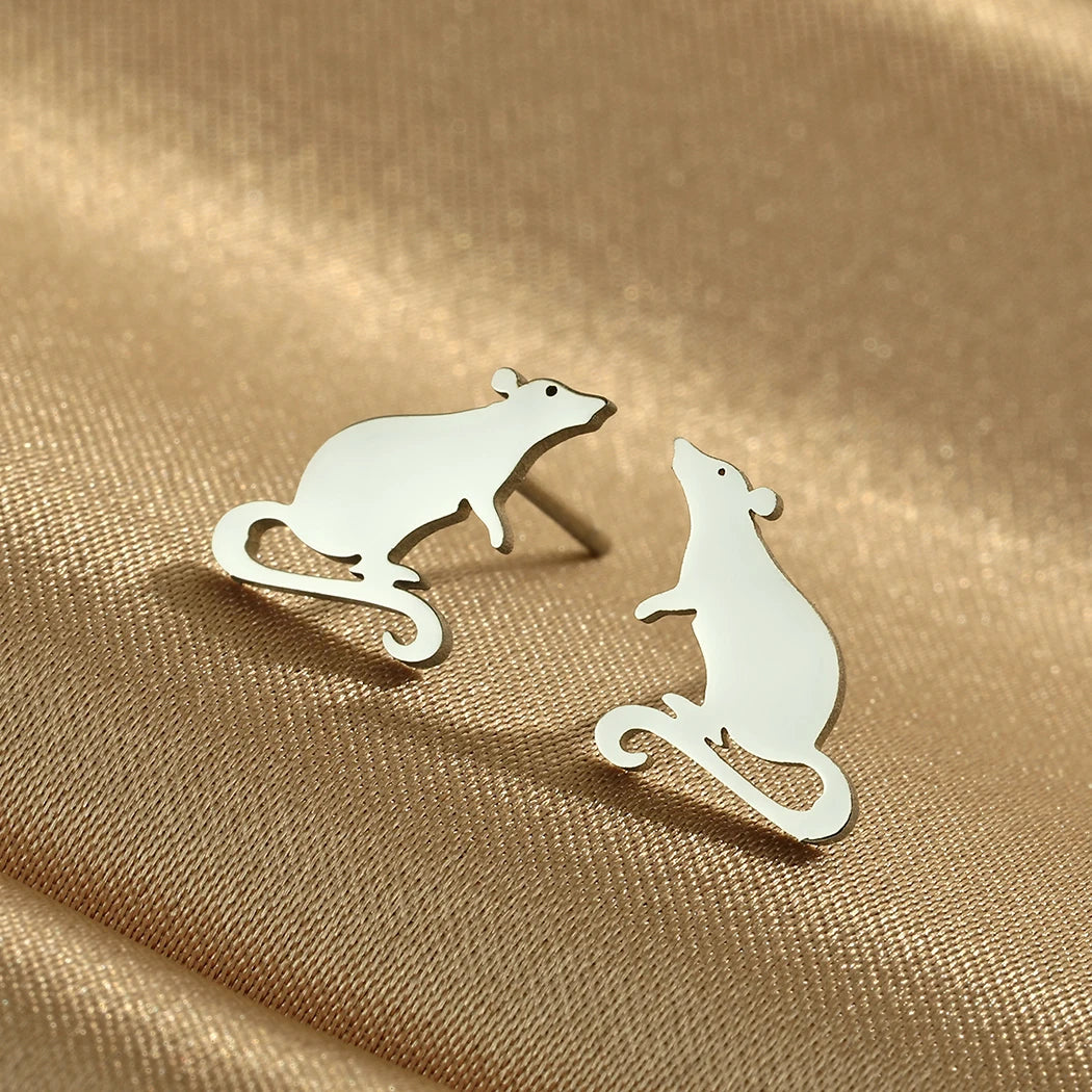 Kinitial Adorable Rat Stud Earrings Stainless Steel Cute Rodent Party Jewelry Acces additional angle