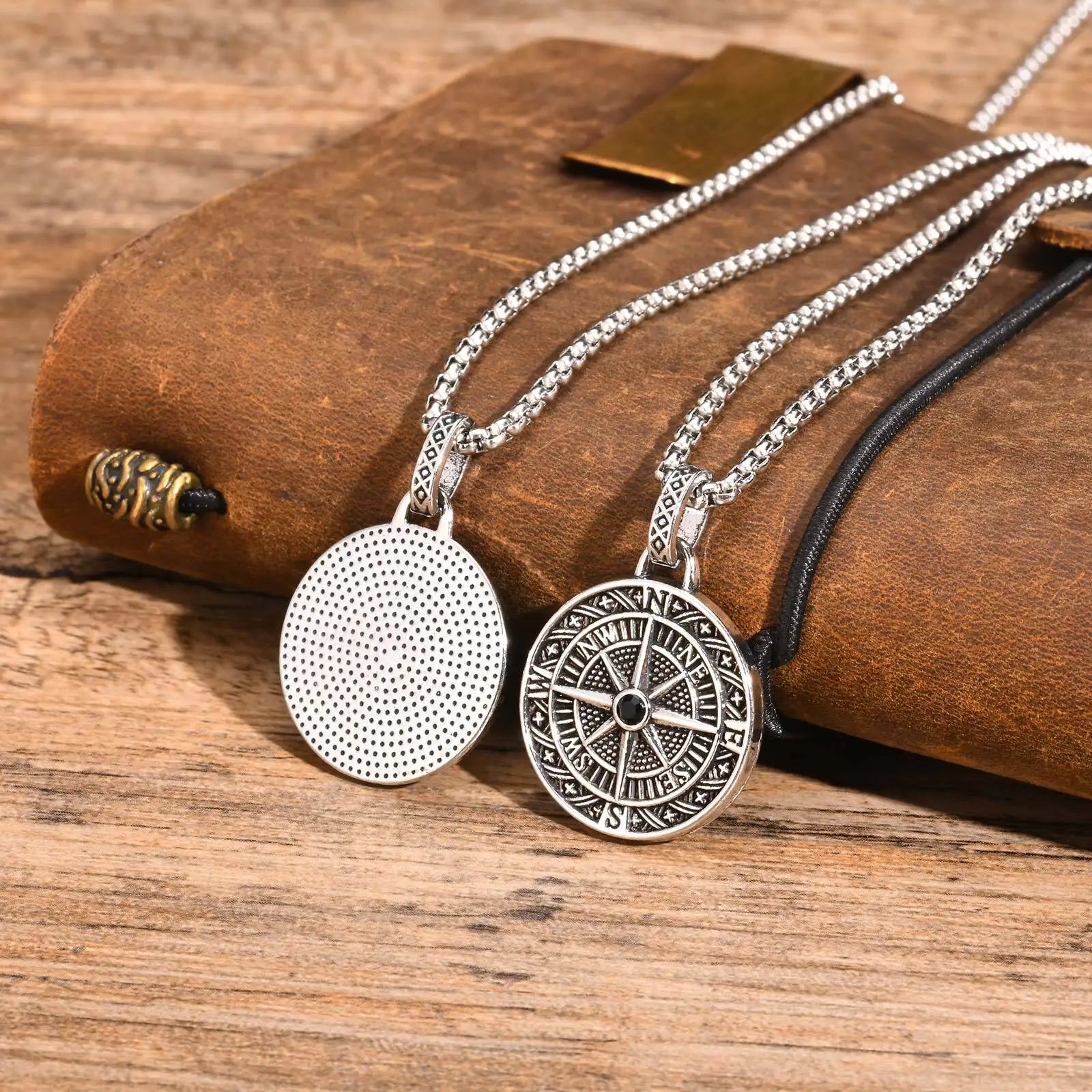Vintage Compass Pendant Necklace | Stainless Steel Coin Necklace for Men alternate view