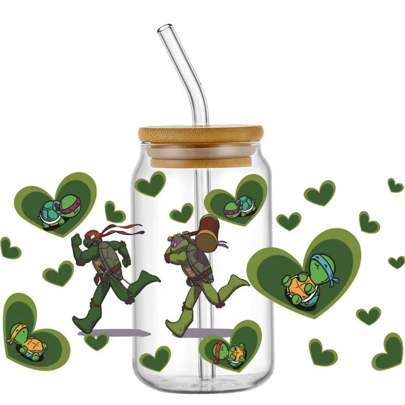 Cartoon Turtle Decal Stickers | Waterproof UV DTF Wrap for 16oz Libbey Glass lifestyle view