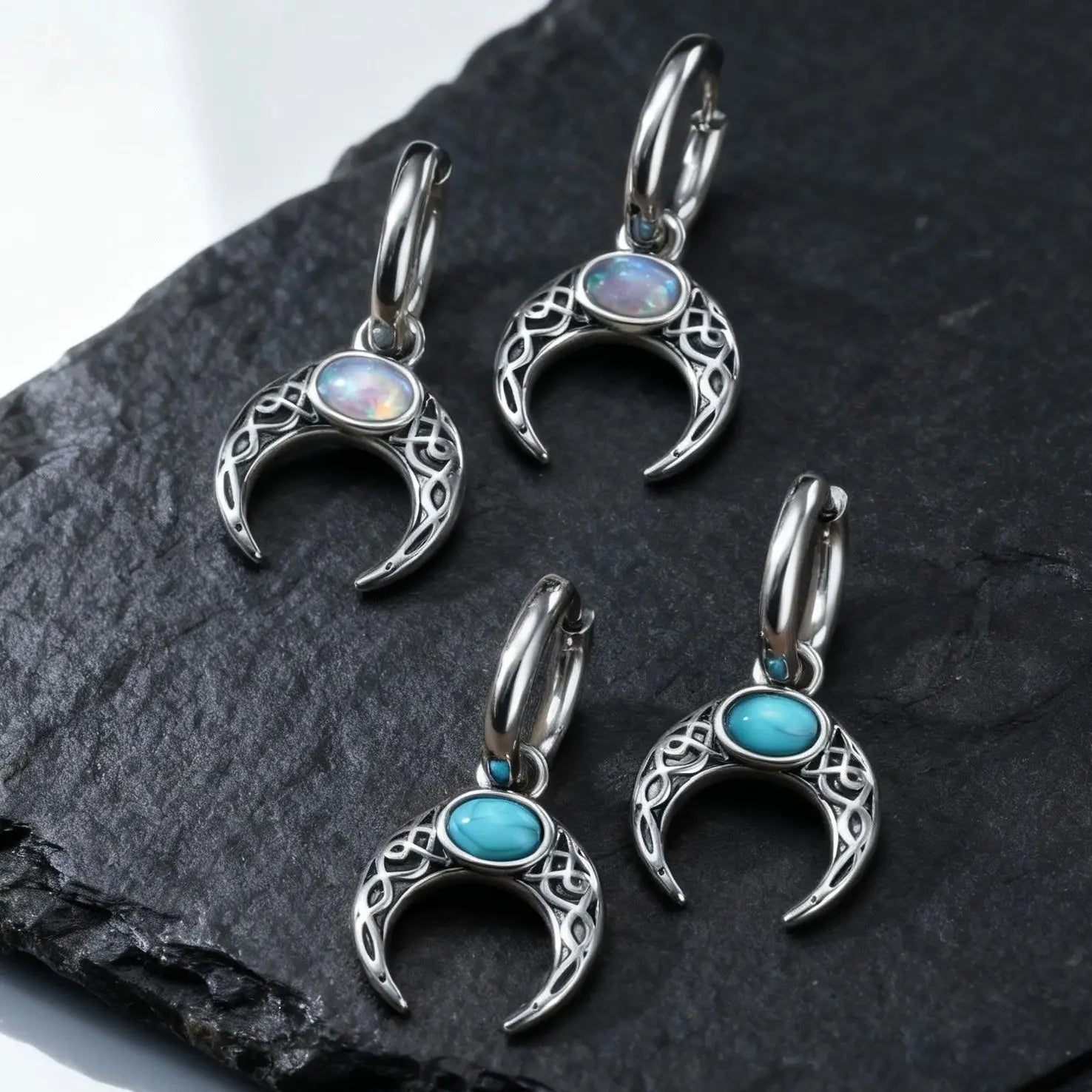 Vintage Moon Earrings for Men | Green Stone Stainless Steel Hoop Jewelry lifestyle view