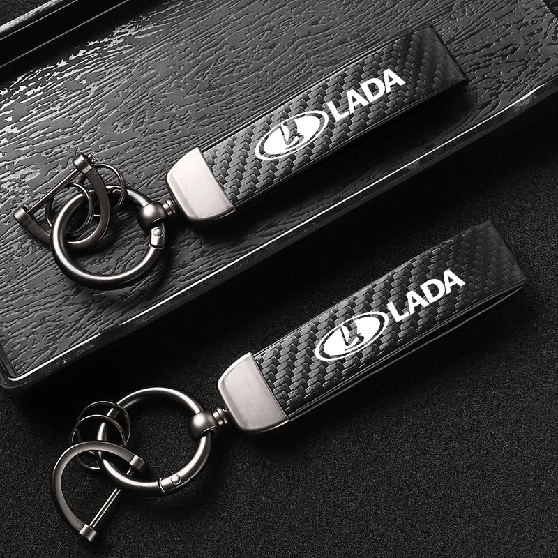 Car Carbon Fiber Style Keychain | Lada Accessory with Microfiber Leather alternate view