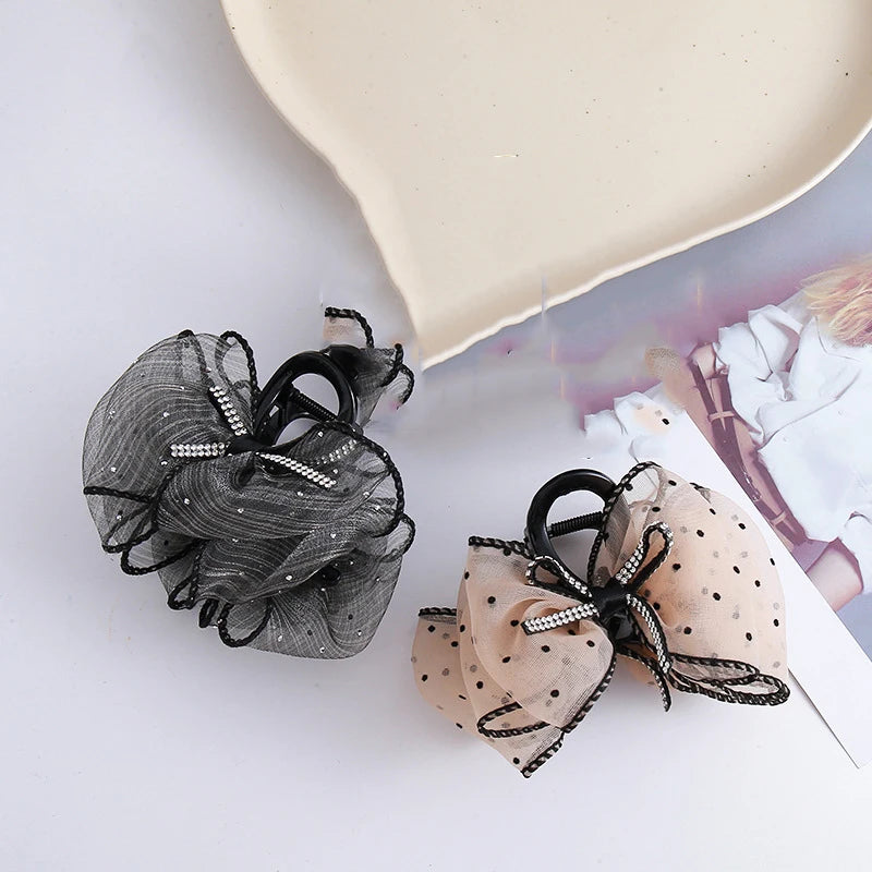 Mesh Bow Rhinestones Hair Clip for Women Elegant Hair Clamp Fashion Girl Ponytail Clip Hair Accessories