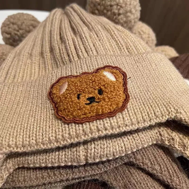 Baby Bear Ear Protection Hat | Winter Thickened Warm Knitted Hat for Children close-up view