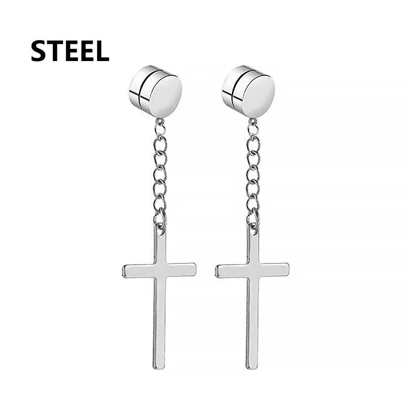 2pcs Punk Mens Strong Magnet Magnetic Cross Ear Stud Set Non Piercing Earrings Fake Ea close-up view