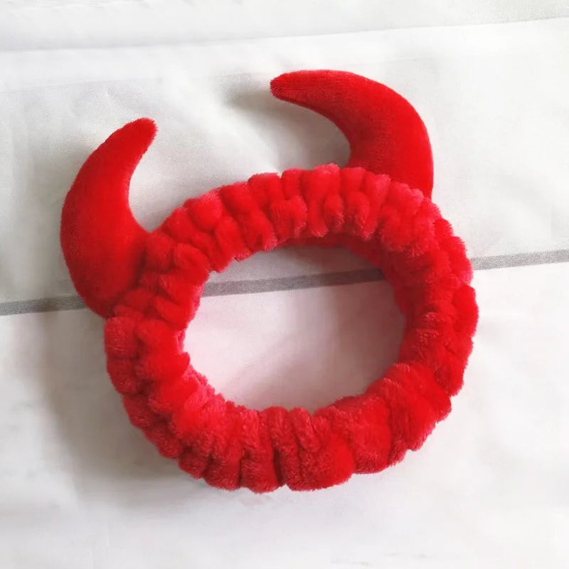 Cute Red Horns Elastic Hairbands for Women Wash Face Sport Soft Plush Rabbit Ears Headband Women Gif