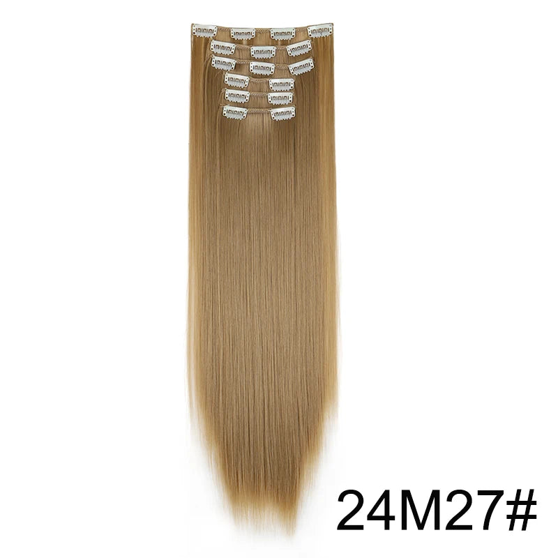 Synthetic 24 Inch Clip In Hair Extensions | Long Straight Blonde Black Heat Resista additional angle