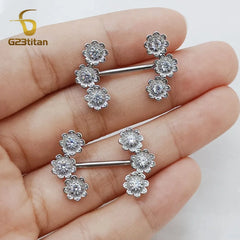G23Titan 2pcs Zircon Flower Shape Nipple Rings 12-22mm Length 14G G23 Titanium Staight B detail view