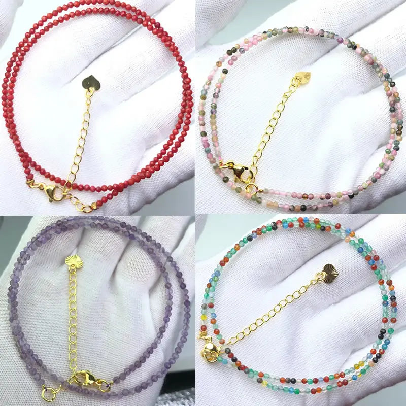 Fashion Faceted 2mm Beads Necklace Mini Natural Stone Amethysts Quartzs Agat Choker Minimalist Party