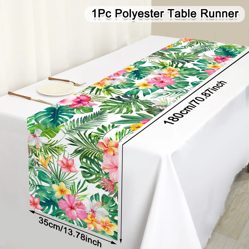 Tropical Hawaiian Party Tablecloth and Candy Bags Set | Flamingo Summer Decor close-up view