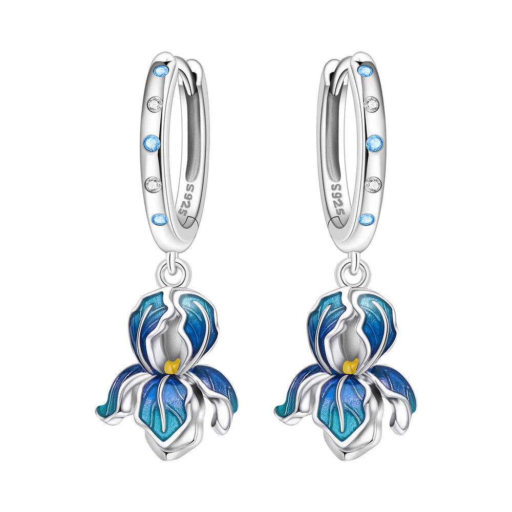Orstarry Original 925 Sterling Silver Blue Iris Flower Earrings Women Hoop Earring An alternate view