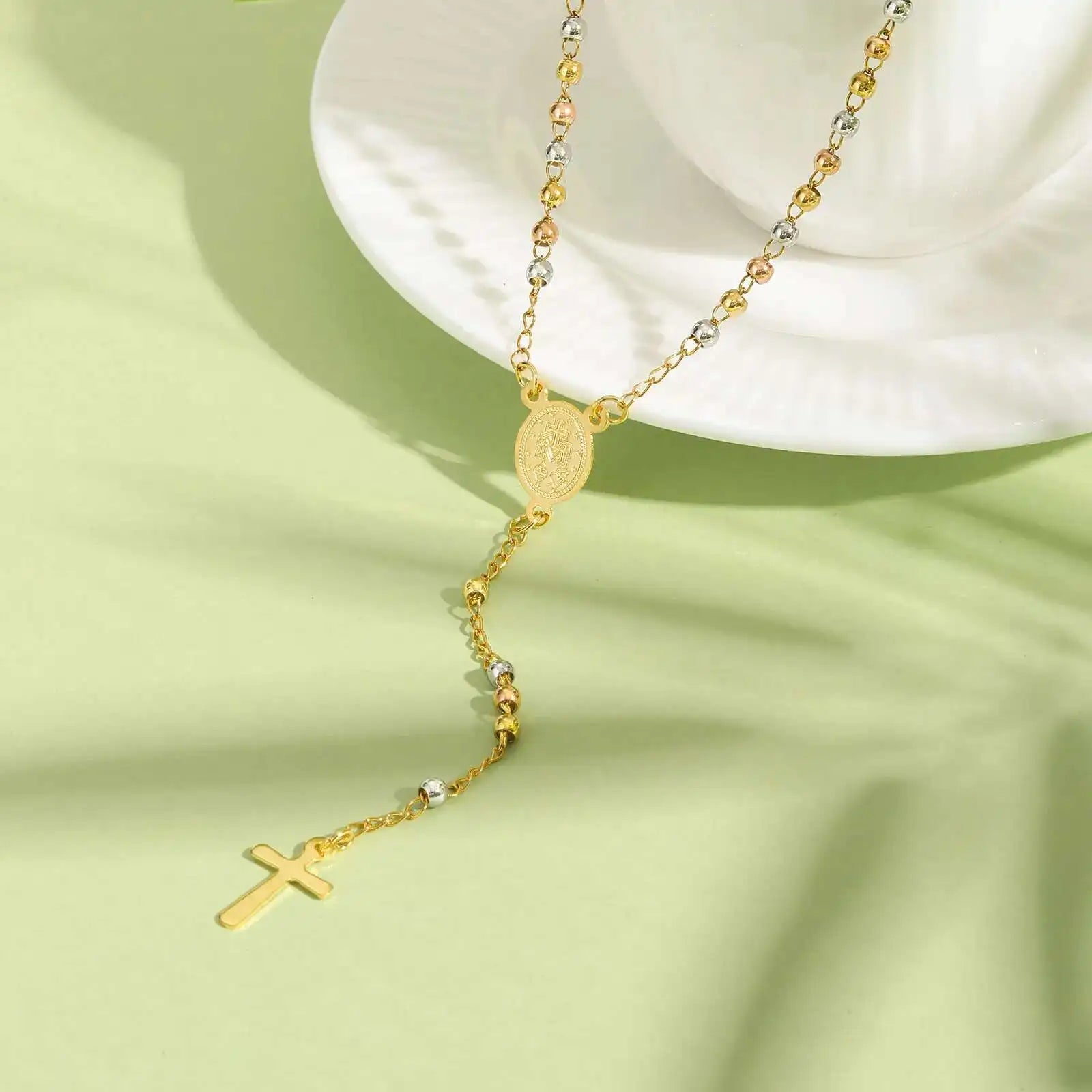 Prjewel Stainless Steel Three-Color Beaded Cross Pendant Y-Necklace | Faith-Inspired Fas detail view