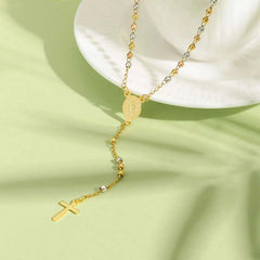 Prjewel Stainless Steel Three-Color Beaded Cross Pendant Y-Necklace | Faith-Inspired Fas detail view