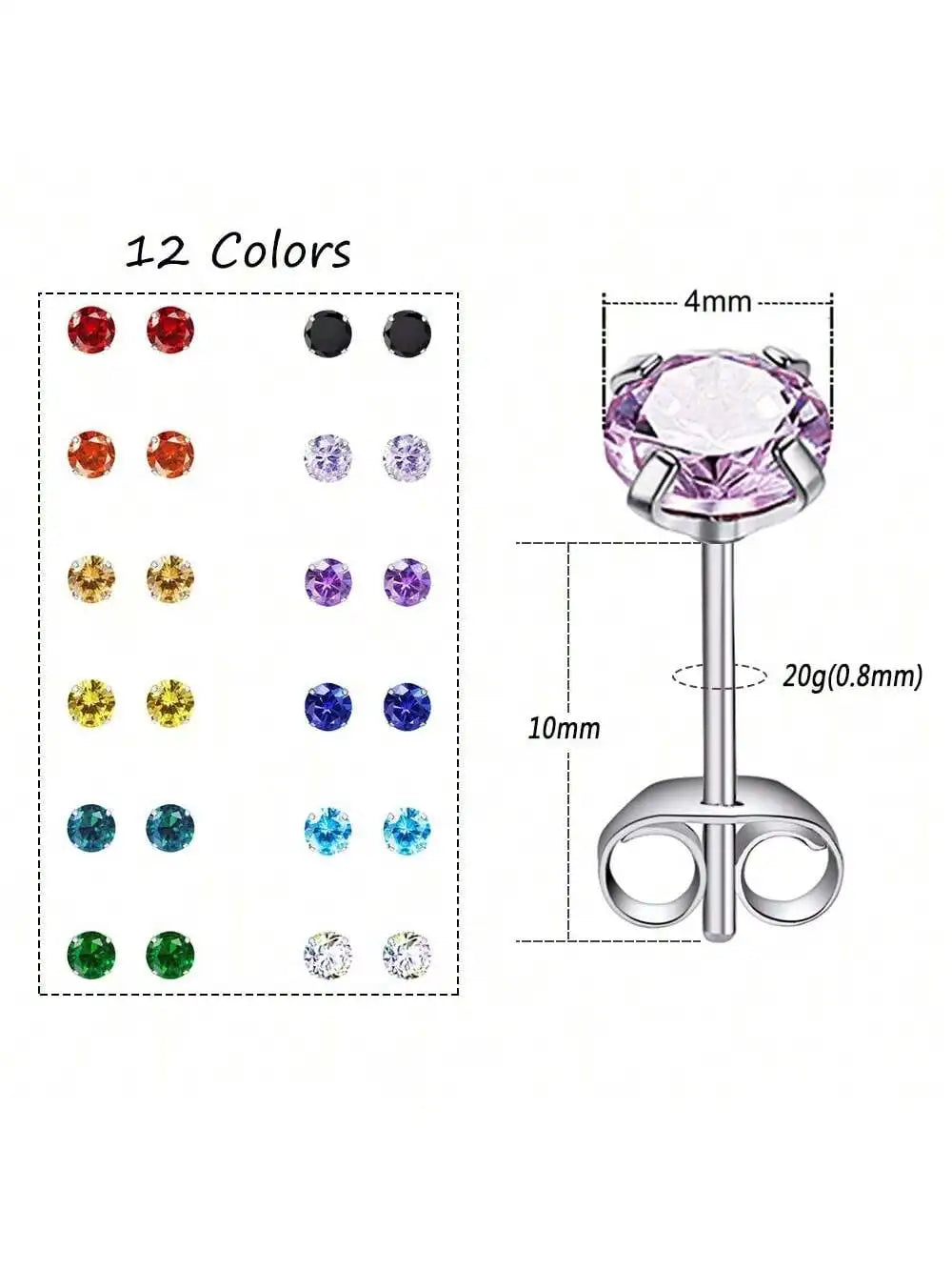 12 Pairs CZ Ear Stud Mixed Colors Cartilage Earrings Set Stainless Steel Barbell St additional angle