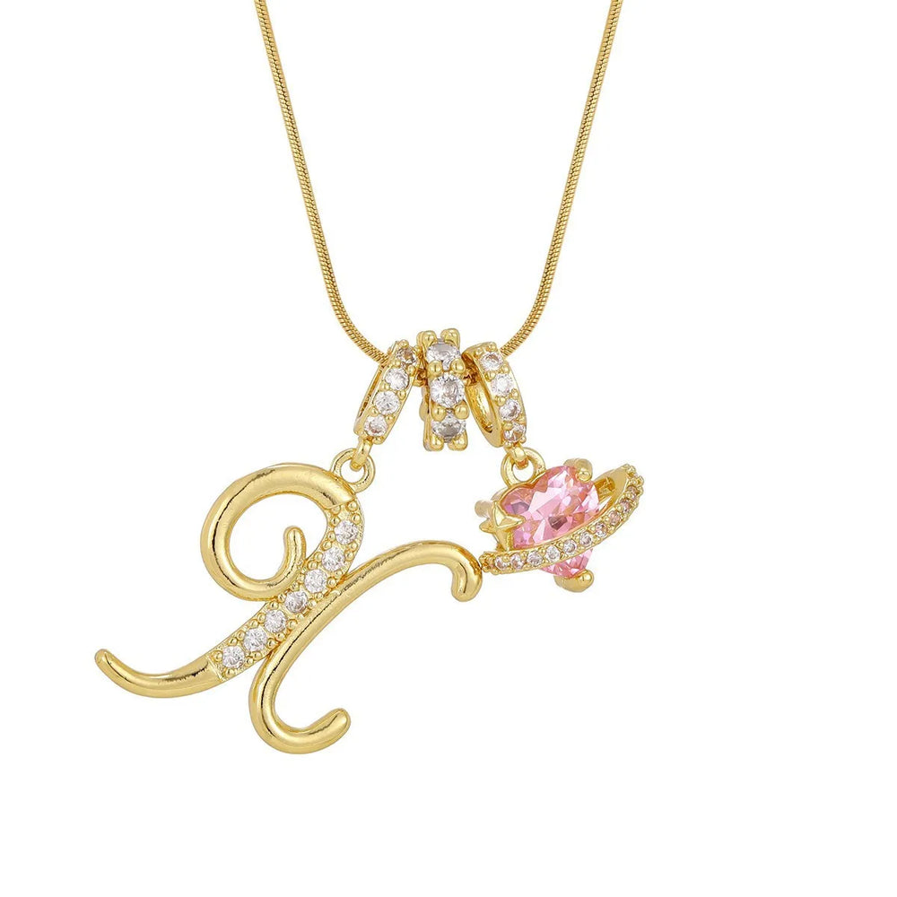 Fashion Letter Necklace for Women Pink Zircon Heart-shaped Pendant Suitable for Gir additional angle