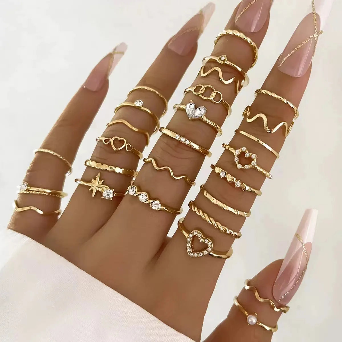23PCS Fashion Luxury Shiny Zircon Wave Multi-Element Design Women's Ring Set, Suitable close-up view