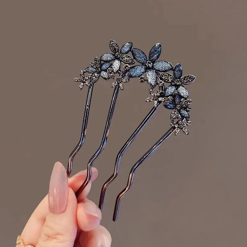 〔YS1〕Elegant Pearl Flower Hair Combs Pins French Retro Bun Hair Accessories Women Daily U-shaped Hairpin Female Alloy Hair Clasp