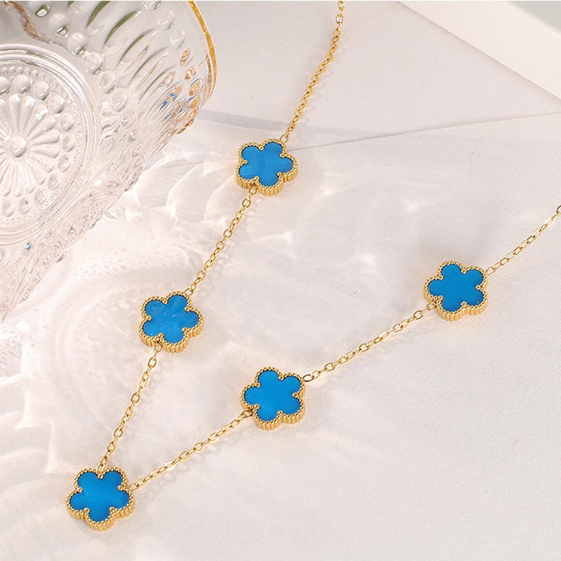 14K Gold Plated Stainless Steel Necklace Woman Five Leaf Petals Double Sided Neckla additional angle
