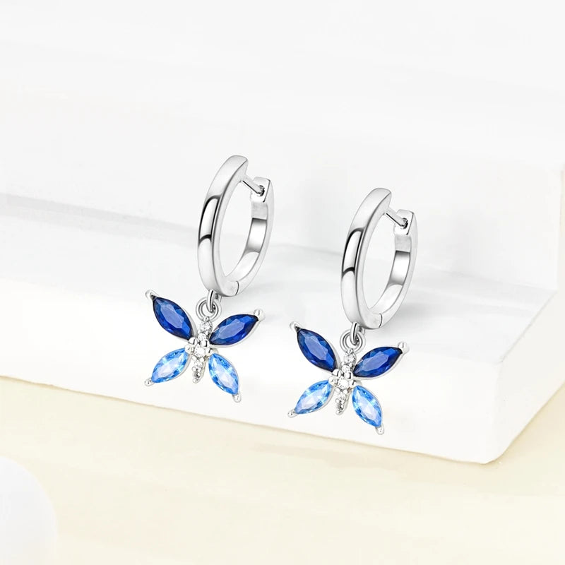 Original 925 Sterling Silver Blue Zirconium Butterfly Earrings Colored Hoop Earring additional angle
