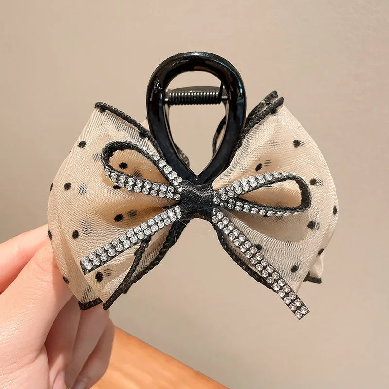 Mesh Bow Rhinestones Hair Clip for Women Elegant Hair Clamp Fashion Girl Ponytail Clip Hair Accessories