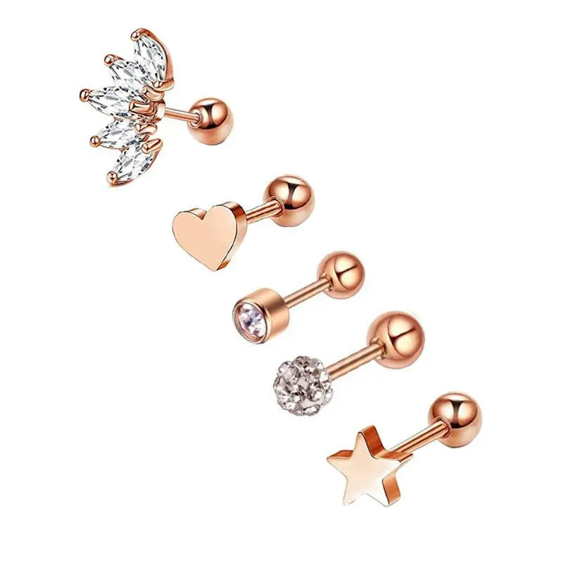 5PCS Heart Tragus Piercing Stud Earring Set Small Lobe Stud Earrings Cartilage Pier additional angle