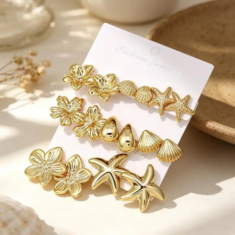 2/3/8 Pairs Golden Bohemian Earring Set, Elegant Stylish Statement Earrings with Flow alternate view