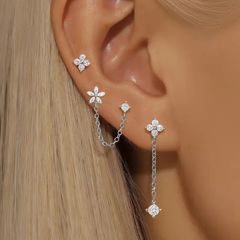 3PCS Stainless Steel Crown Chain Tassel Zircon Drop Earring Flower Ear Stud For Women lifestyle view
