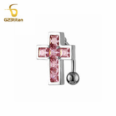 1.6mm 14G Titanium Bar Navel Ring Pink Zircon Cross 6-16mm CZ Short