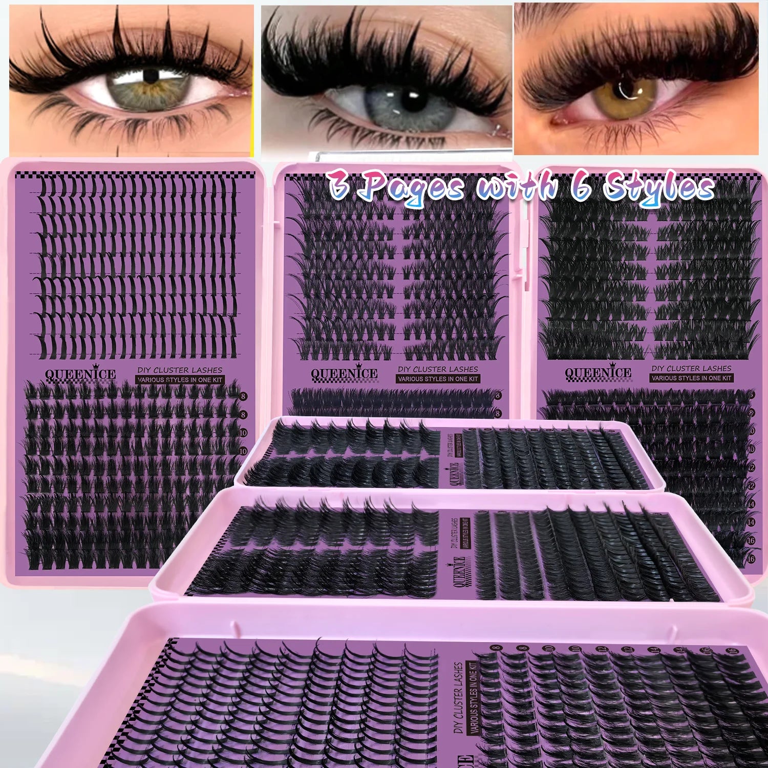 QUEENICE Three Fold Updated New DIY False Eyelash Extension 6 Mixed Styles Fluffy Voluminous  Cat eye Spiky lash extensions