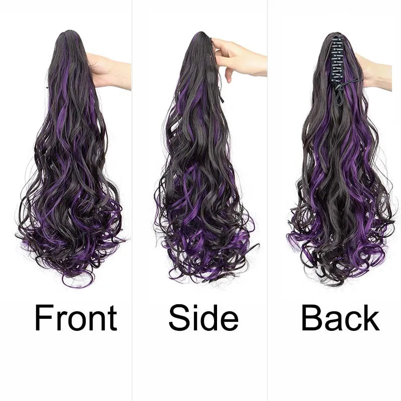 Synthetic 20Inch Long Curly Ponytail Claw Clip in Hair Extension Mixed Red Purple Hair close-up view