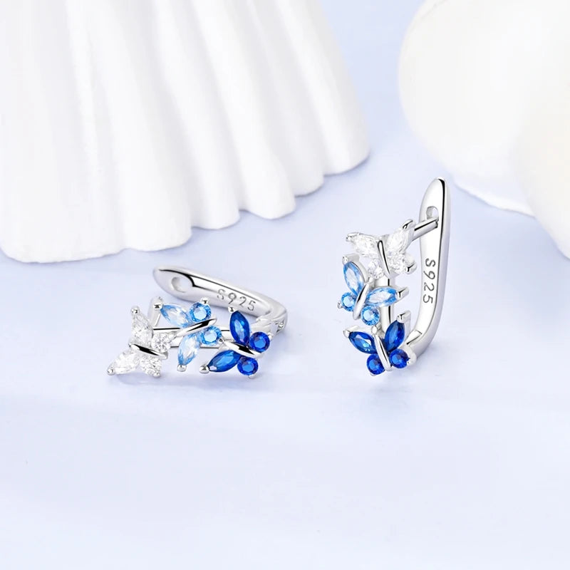 Original 925 Sterling Silver Blue Zirconium Butterfly Earrings Colored Hoop Earrings alternate view