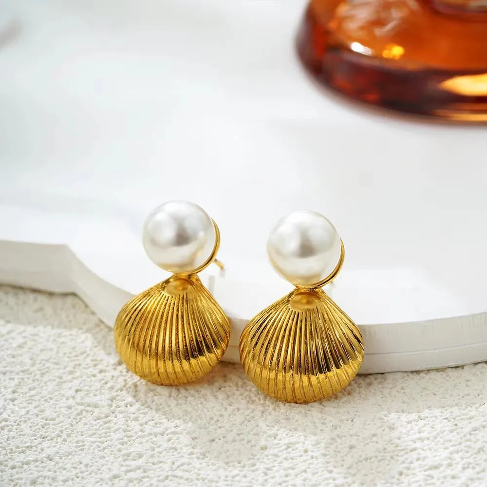 Vintage Gold Snail Shell Drop Earrings | CZ Zircon Beach Jewelry for Women additional angle