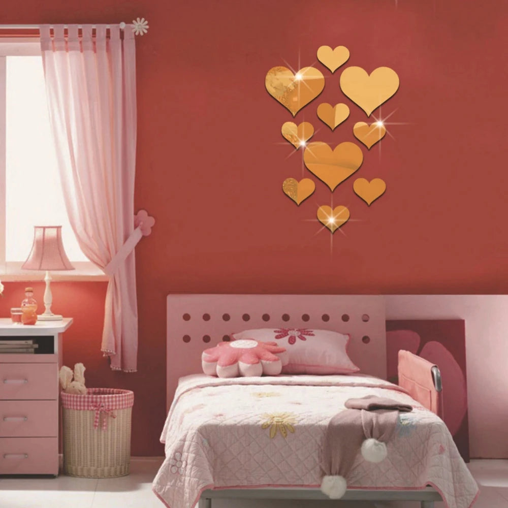 10Pcs Acrylic Love Heart Wall Stickers | Mirror 3D Decals for Home Decor lifestyle view