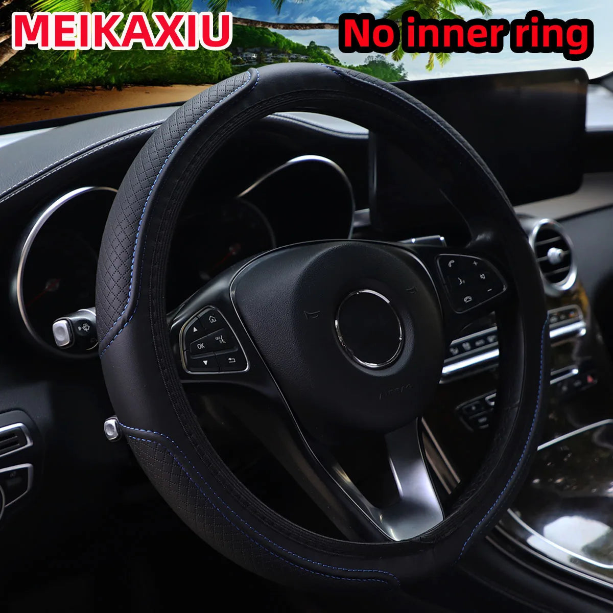 PU Leather Embossed Steering Wheel Cover 14.5-15 Inch Round Rimless Design for All Seaso detail view